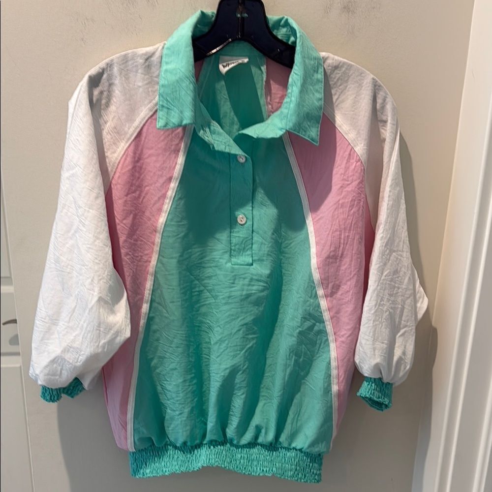Teddi Sports Retro Green and Pink Color-Block Pullover Track Shirt size M/S